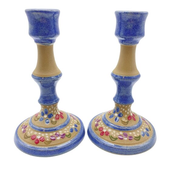 Studio Pottery Taper candlestick holders stoneware Signed Ballard country chic - Picture 1 of 11